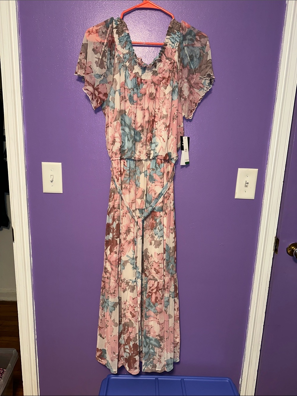 Robbie Bee Pink and Blue Floral Maxi Dress with Smocked Yoke